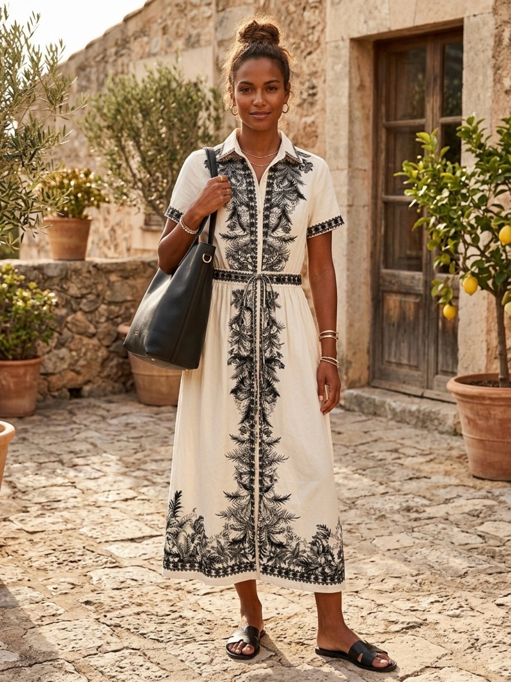 Cream Button-Front Maxi Dress with Black Detail